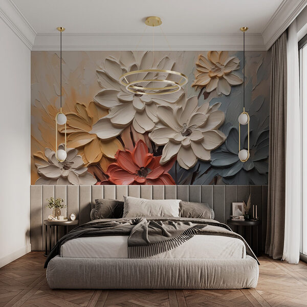 Schilderij van bloemen op een muur Fotobehang Schilderij van bloemen op een muur