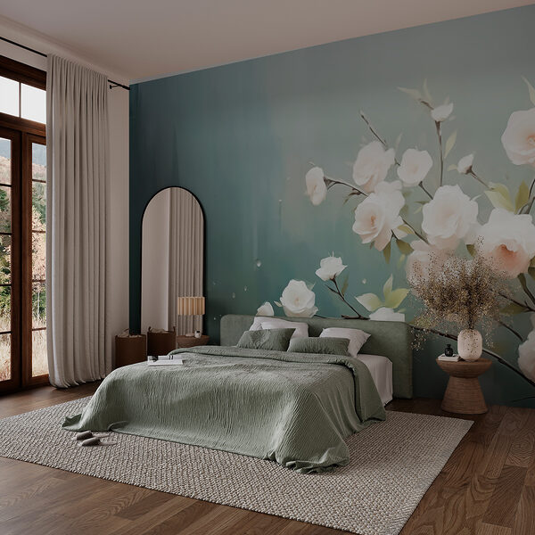 Witte bloemen aan een tak Fotobehang Witte bloemen aan een tak