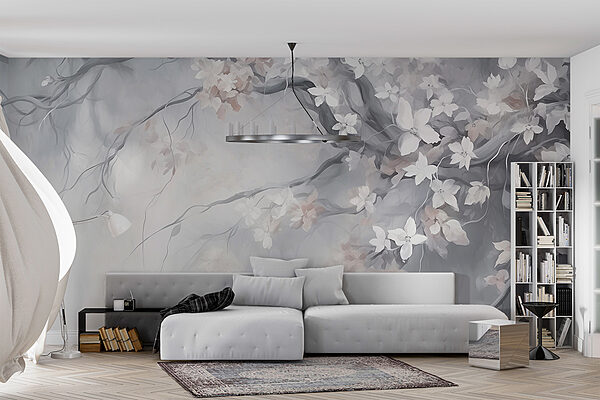Schilderij van een boom met witte bloemen Fotobehang Schilderij van een boom met witte bloemen