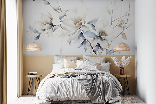Schilderij van bloemen op een witte achtergrond Fotobehang Schilderij van bloemen op een witte achtergrond