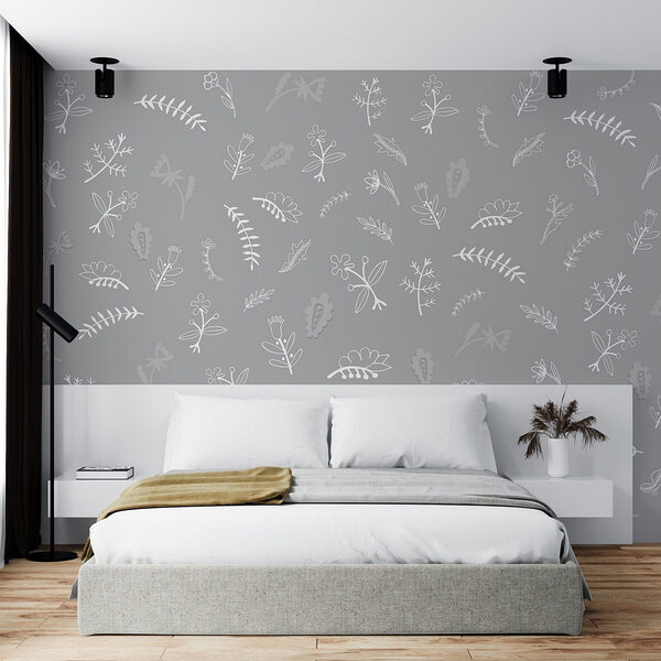 Grijze achtergrond met witte bloemen en bladeren Fotobehang Grijze achtergrond met witte bloemen en bladeren
