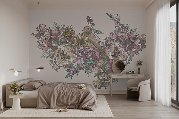 Vogel zittend op een boeket bloemen Fotobehang Vogel zittend op een boeket bloemen