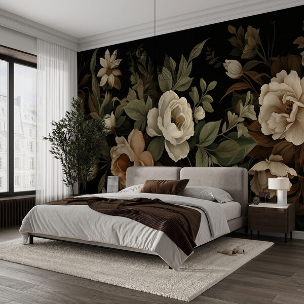 Elegant bloemstuk op donkere achtergrond Fotobehang Elegant bloemstuk op donkere achtergrond