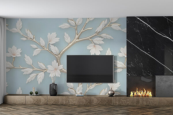 Boom met witte bladeren en bloemen Fotobehang Boom met witte bladeren en bloemen