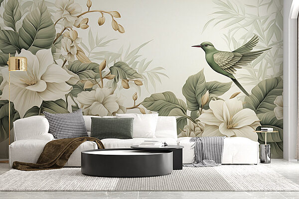 Vogel op een tak met bloemen Fotobehang Vogel op een tak met bloemen