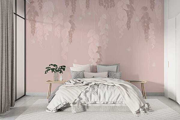 Roze en witte achtergrond met bladeren en vlinders Fotobehang Roze en witte achtergrond met bladeren en vlinders