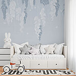 Fotobehang Witte en blauwe bladeren en vlinders