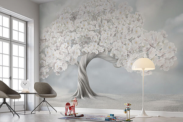 Boom met witte bloemen Fotobehang Boom met witte bloemen