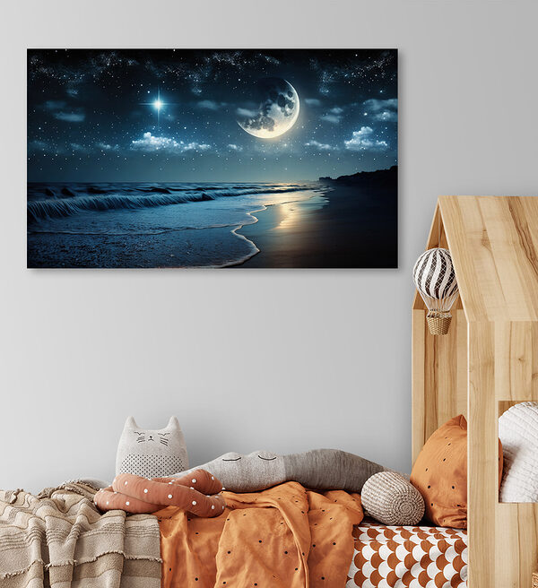 Maan en sterren boven een strand Canvas Schilderijen Maan en sterren boven een strand