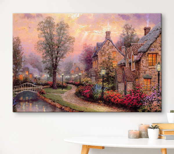 Schilderij van een huis met bloemen en een pad Canvas Schilderijen Schilderij van een huis met bloemen en een pad