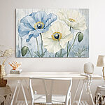 Canvas Schilderijen Schilderij van bloemen op een blauwe achtergrond