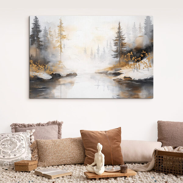 Aquarel van een rivier met bomen en mist Canvas Schilderijen Aquarel van een rivier met bomen en mist