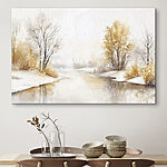 Canvas Schilderijen Aquarel van een rivier met bomen en gras en sneeuw