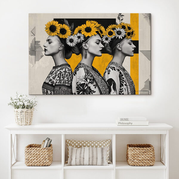 Groep vrouwen met zonnebloemen in het haar Canvas Schilderijen Groep vrouwen met zonnebloemen in het haar