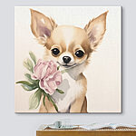 Canvas Schilderijen Schilderij van een hond met een bloem