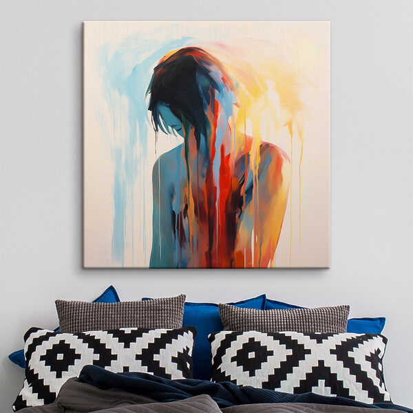 Schilderij van een vrouw met kleurrijke verf die langs haar gezicht druipt Canvas Schilderijen Schilderij van een vrouw met kleurrijke verf die langs haar gezicht druipt