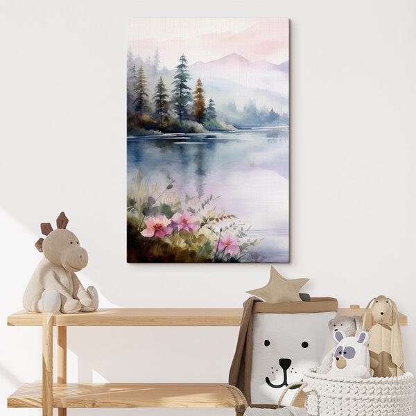 Aquarel van een meer met bomen en bloemen Canvas Schilderijen Aquarel van een meer met bomen en bloemen