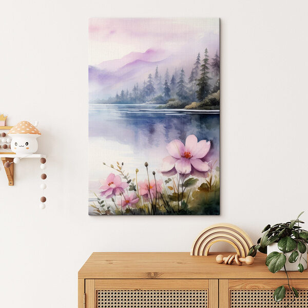 Aquarel schilderij van bloemen en bomen bij een meer Canvas Schilderijen Aquarel schilderij van bloemen en bomen bij een meer