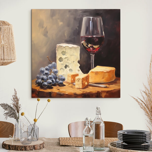Glas wijn en kaas op tafel Canvas Schilderijen Glas wijn en kaas op tafel