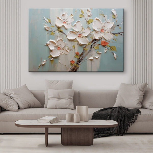 Schilderij van bloemen op een blauwe achtergrond Canvas Schilderijen Schilderij van bloemen op een blauwe achtergrond
