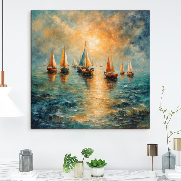 Groep boten op het water Canvas Schilderijen Groep boten op het water