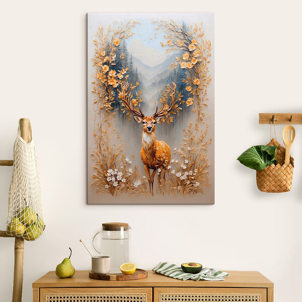 Schilderij van een hert met bloemen en bergen Canvas Schilderijen Schilderij van een hert met bloemen en bergen