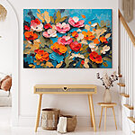 Canvas Schilderijen Schilderij van bloemen op een blauw oppervlak