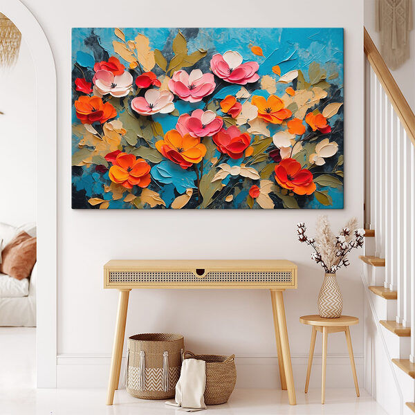Schilderij van bloemen op een blauw oppervlak Canvas Schilderijen Schilderij van bloemen op een blauw oppervlak