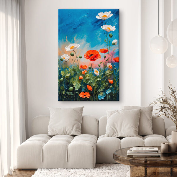 Schilderij van bloemen op een blauwe achtergrond Canvas Schilderijen Schilderij van bloemen op een blauwe achtergrond