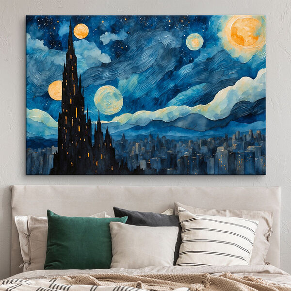 Aquarel van een stad bij nacht Canvas Schilderijen Aquarel van een stad bij nacht