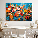 Canvas Schilderijen Schilderij van bloemen op een blauw oppervlak