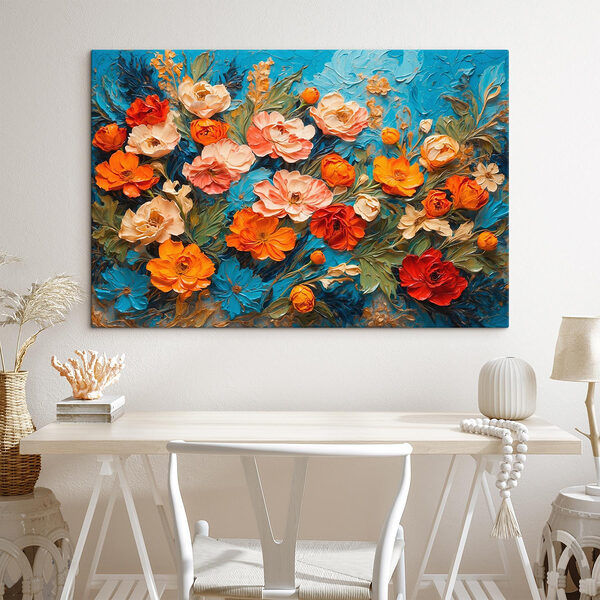 Schilderij van bloemen op een blauw oppervlak Canvas Schilderijen Schilderij van bloemen op een blauw oppervlak