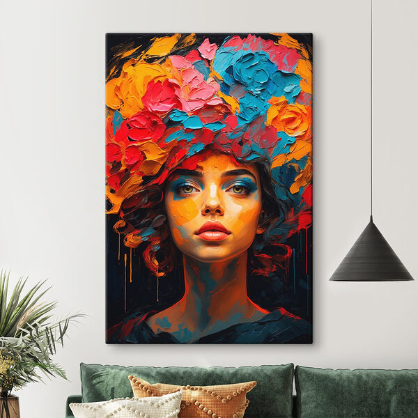 Vrouw met kleurrijke bloemen op haar hoofd Canvas Schilderijen Vrouw met kleurrijke bloemen op haar hoofd