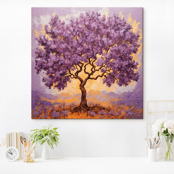 Schilderij van een boom met paarse bladeren Canvas Schilderijen Schilderij van een boom met paarse bladeren