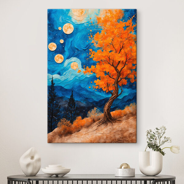 Schilderij van een boom met oranje bladeren en blauwe bergen Canvas Schilderijen Schilderij van een boom met oranje bladeren en blauwe bergen