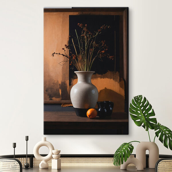 Vaas met gedroogde bloemen en sinaasappels Canvas Schilderijen Vaas met gedroogde bloemen en sinaasappels