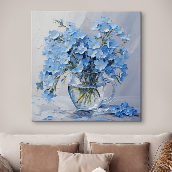 Schilderij van blauwe bloemen in een glazen vaas Canvas Schilderijen Schilderij van blauwe bloemen in een glazen vaas