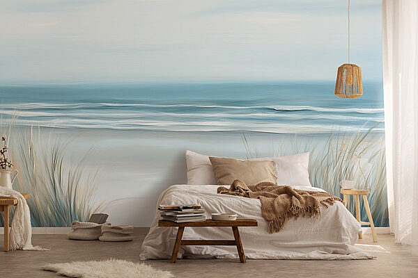 Strand met gras en golven Fotobehang Strand met gras en golven