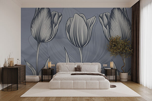 Bloemenlijn op blauwe achtergrond Fotobehang Bloemenlijn op blauwe achtergrond