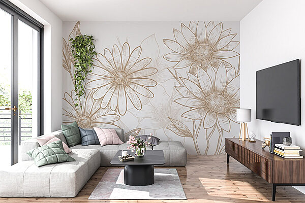 Tekening van bloemen op een witte achtergrond Fotobehang Tekening van bloemen op een witte achtergrond
