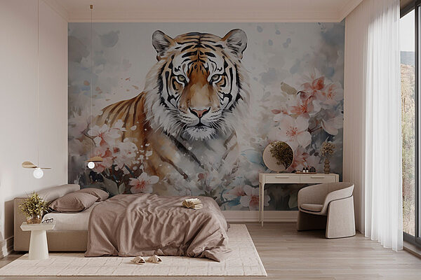 Tijger in een bloemrijke tuin Fotobehang Tijger in een bloemrijke tuin