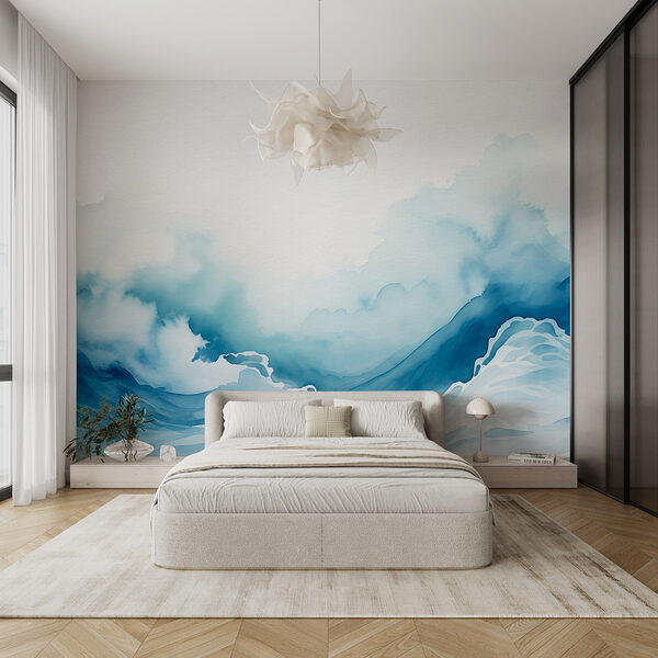 Aquarel van een berg met wolken Fotobehang Aquarel van een berg met wolken