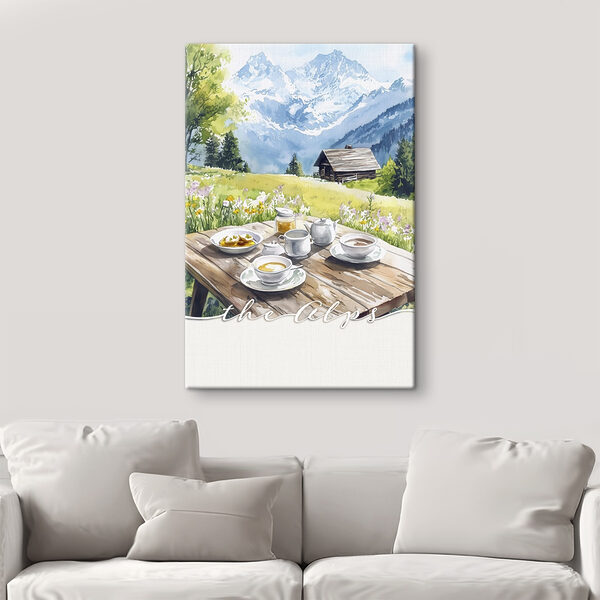 Tafel met eten erop en een huis op de achtergrond Canvas Schilderijen Tafel met eten erop en een huis op de achtergrond
