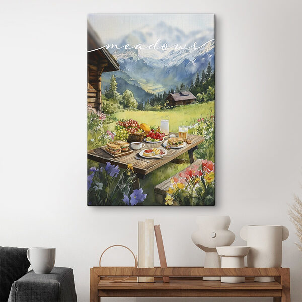 Tafel met eten en drinken voor een huis Canvas Schilderijen Tafel met eten en drinken voor een huis