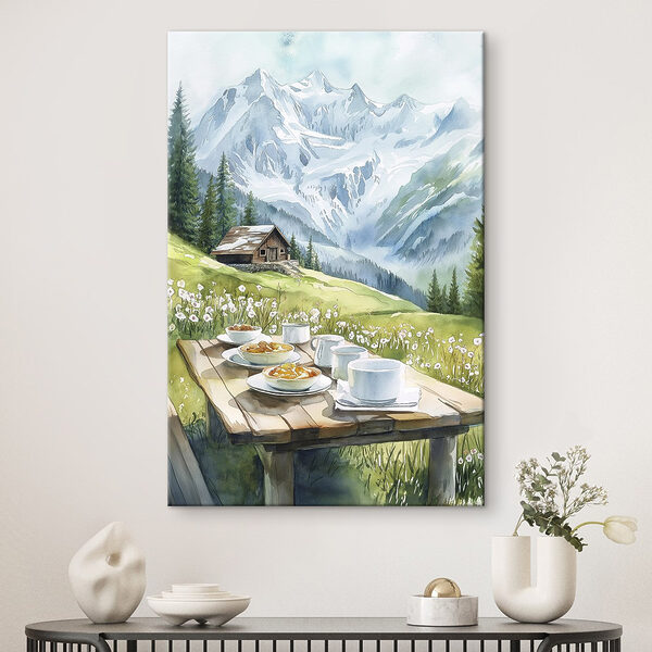 Tafel met borden eten en kopjes erop met bergen op de achtergrond Canvas Schilderijen Tafel met borden eten en kopjes erop met bergen op de achtergrond