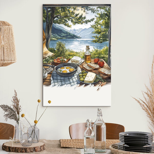 Tafel met eten bij een meer Canvas Schilderijen Tafel met eten bij een meer