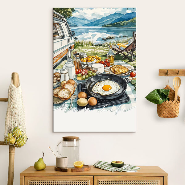 Tafel met eten en een pan erop Canvas Schilderijen Tafel met eten en een pan erop