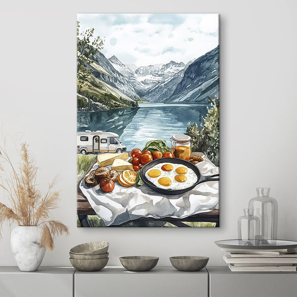 Eten op een tafel naast een meer Canvas Schilderijen Eten op een tafel naast een meer
