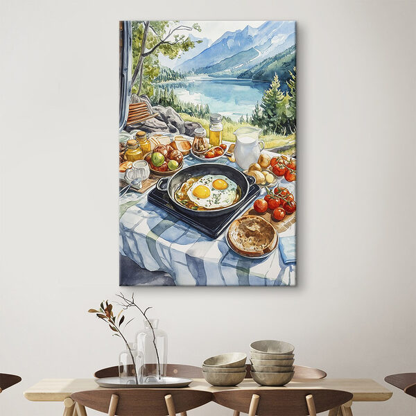 Pan met eten en een pan met eieren op een tafel met een meer op de achtergrond Canvas Schilderijen Pan met eten en een pan met eieren op een tafel met een meer op de achtergrond