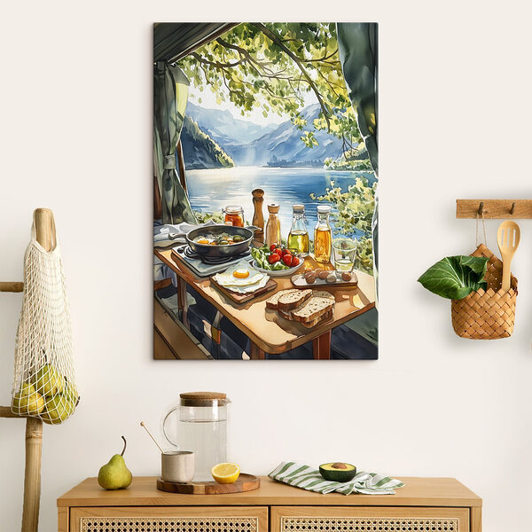 Tafel met eten en drinken bij een meer Canvas Schilderijen Tafel met eten en drinken bij een meer